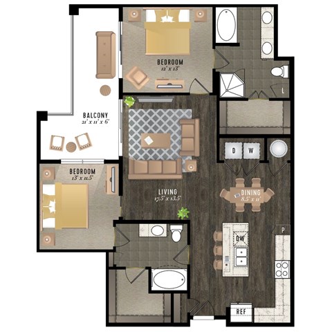 A floor plan of an apartment with three bedrooms, a living room, a dining room, a kitchen, and a balcony.